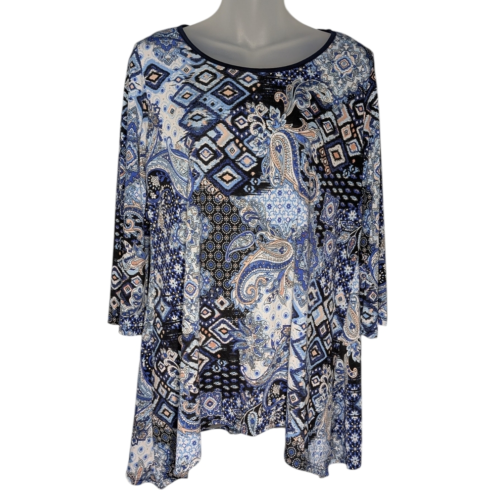 Women's Large Asymmetrical Blue Paisley & Geometric Print Stretchy Tunic Top